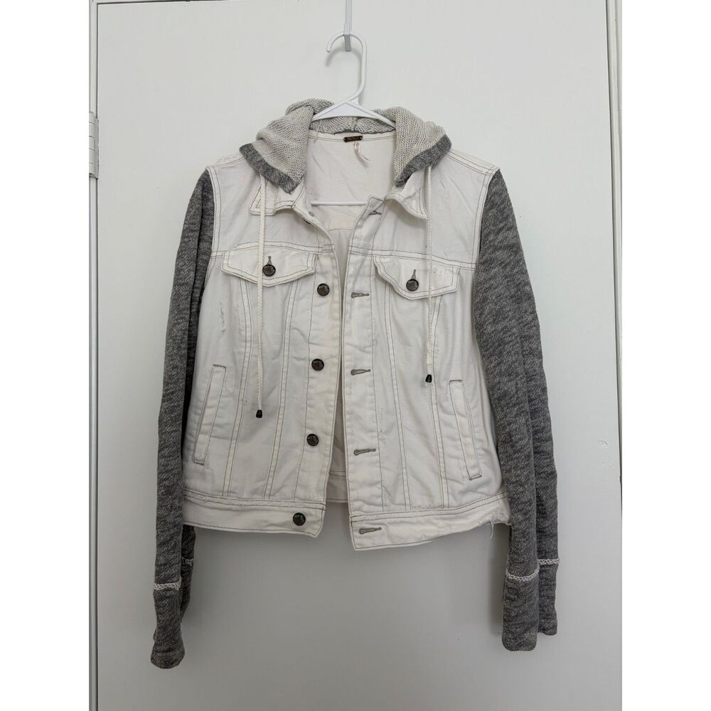 Free People White Denim Gray Knit Sleeve Jacket with Detachable Hood Medium